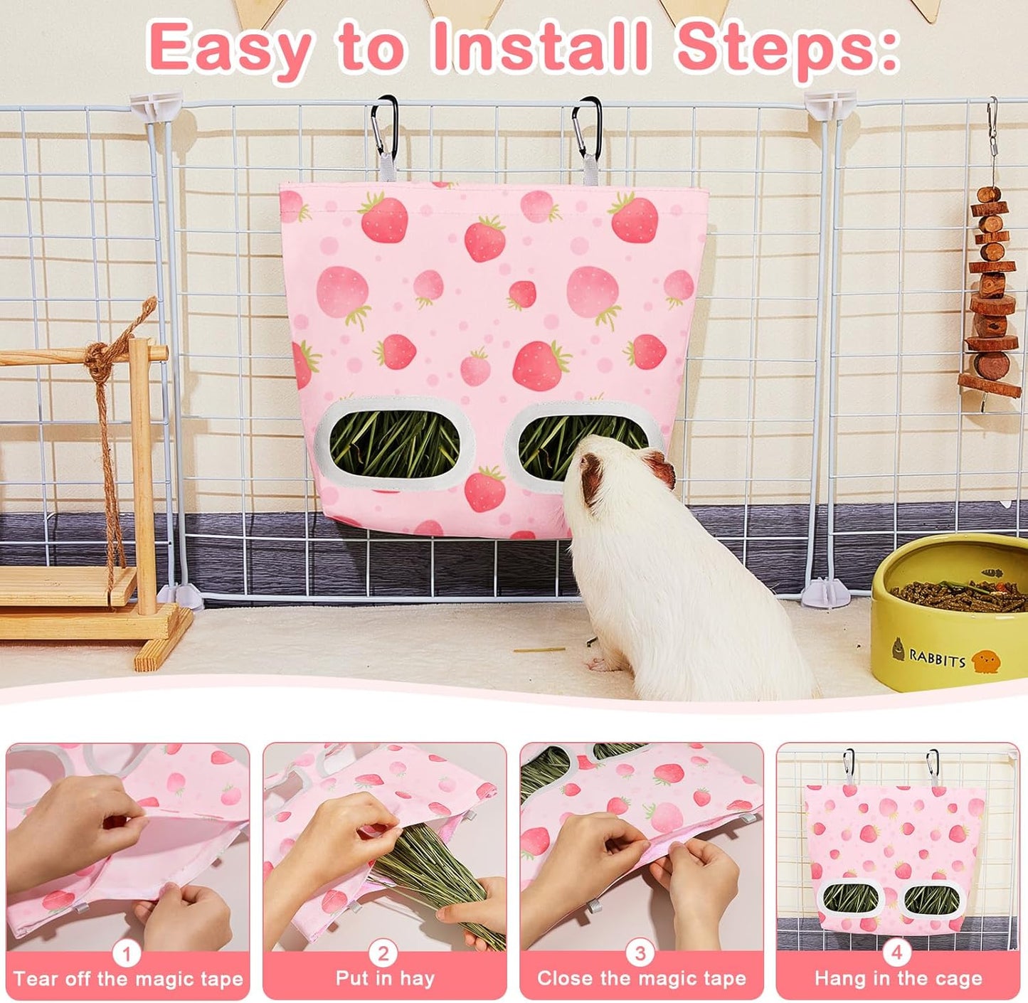 Glittme 2 Pack Guinea Pig Hay Feeder, 11.5x9 Inch Hay Bag for Rabbits, Hanging Hay Holder for Guinea Pigs Cage Hay Feeder for Bunny, Small Pets,Pink Strawberry