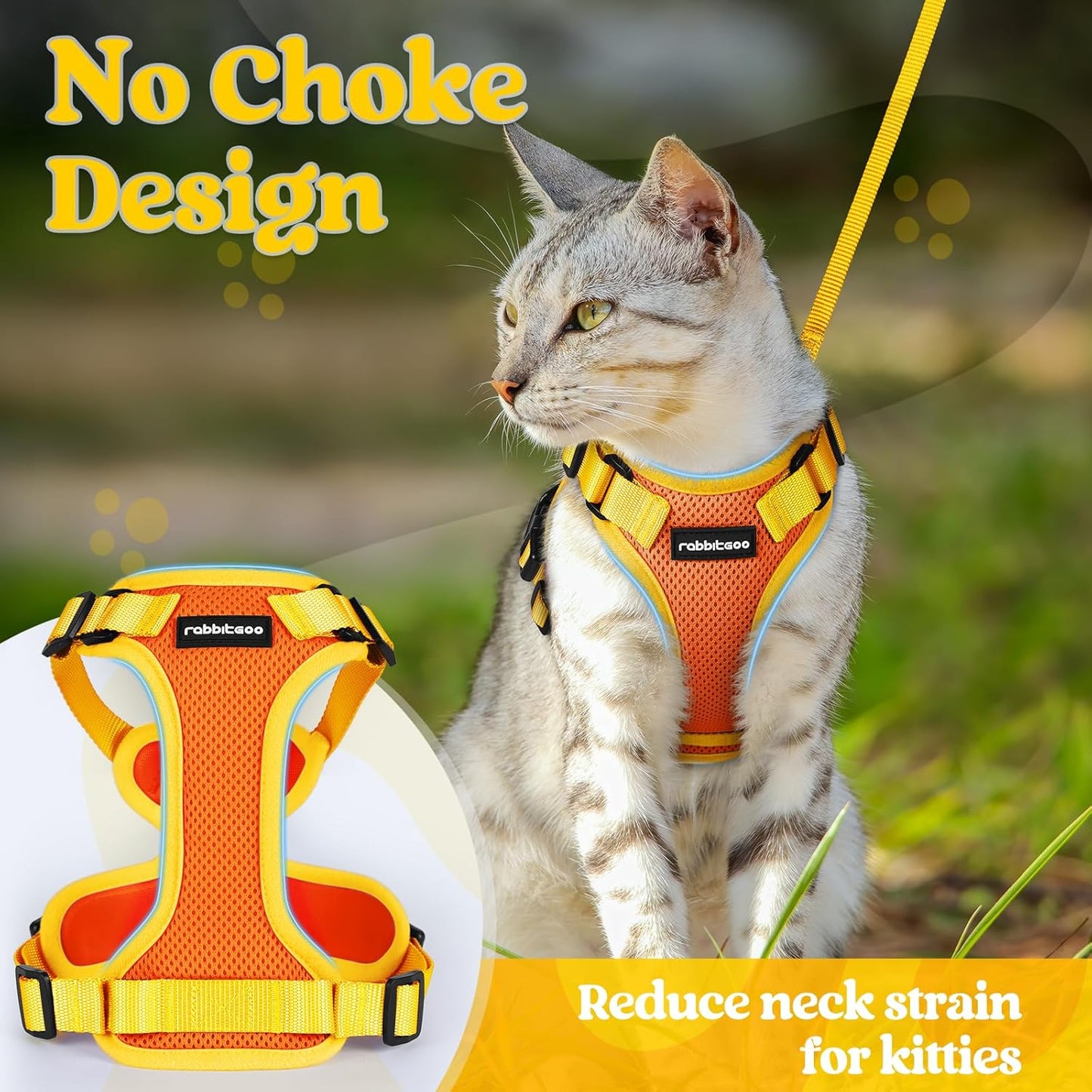 rabbitgoo Cat Harness and Leash Set, Escape Proof Soft Adjustable Vest Harnesses for Outdoor Walking, Easy Control Breathable Kitten Jacket with Reflective Strips, Orange & Yellow, S