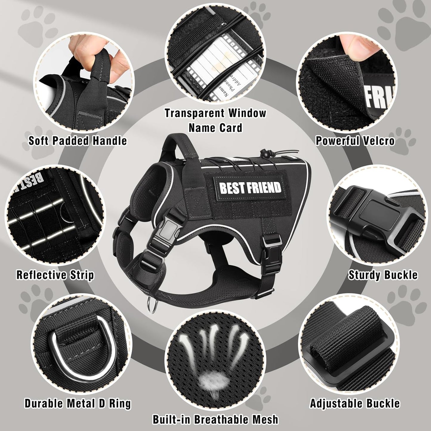 Tactical Dog Harness for Large Dogs,No Pull Military Dog Vest with Handle,Reflective Heavy Duty Pet Harness for Walking Hiking Training Black L