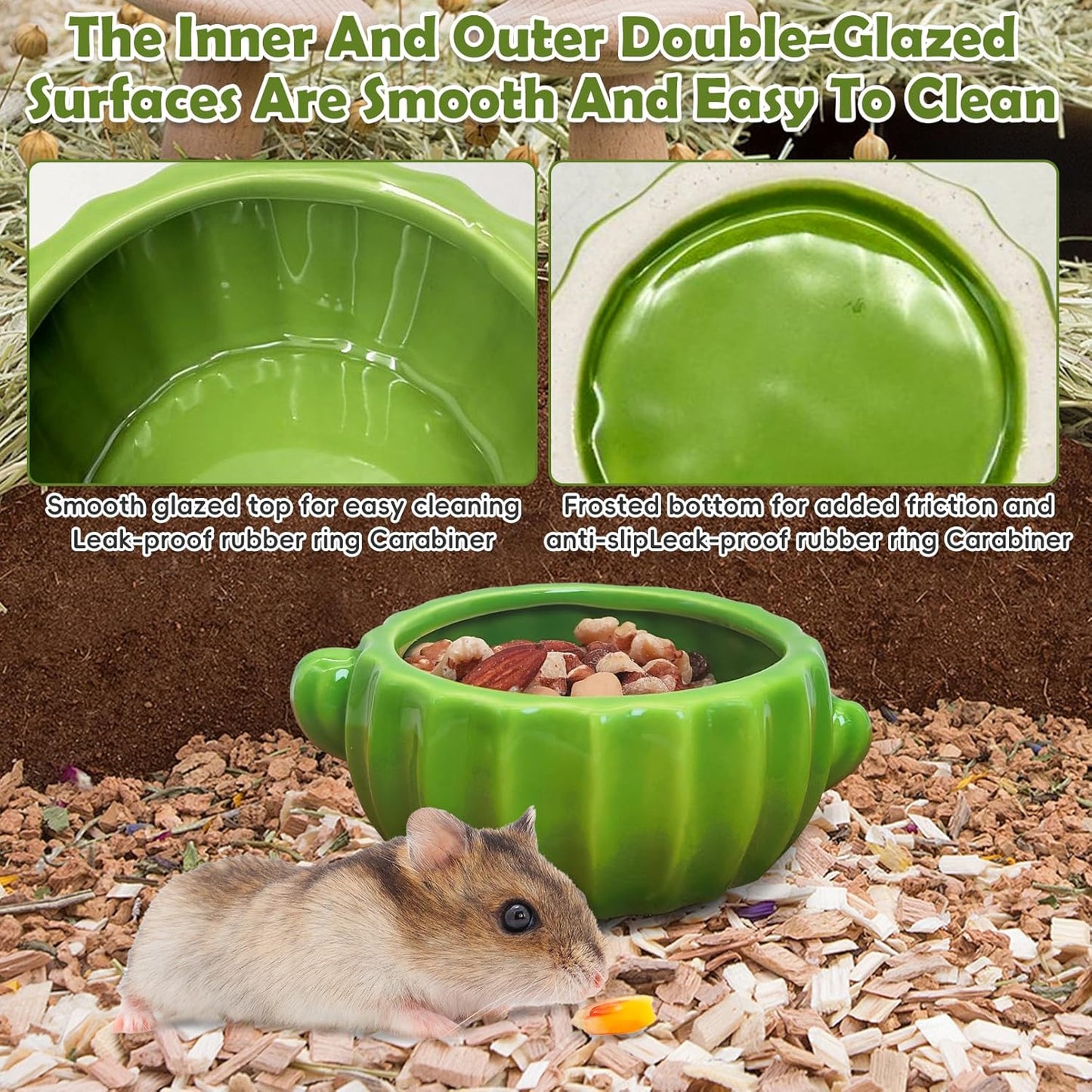 PINVNBY Ceramic Hamsters Hideout, Cactus Ceramic Dwarf Hideout, Hamster Water Bottle, Sand Bath, Food Bowl & 125ML Water Bottle Holder for Dwarf Hamster Cage Accessories