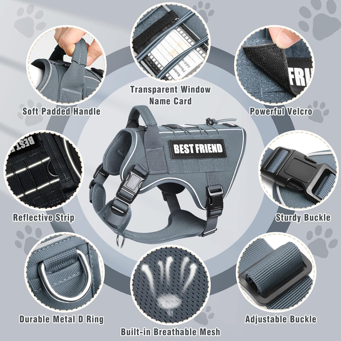 Tactical Dog Harness Medium Sized Dog,No Pull Military Dog Vest with Handle,Reflective Heavy Duty Pet Harness for Walking Hiking Training Gray M