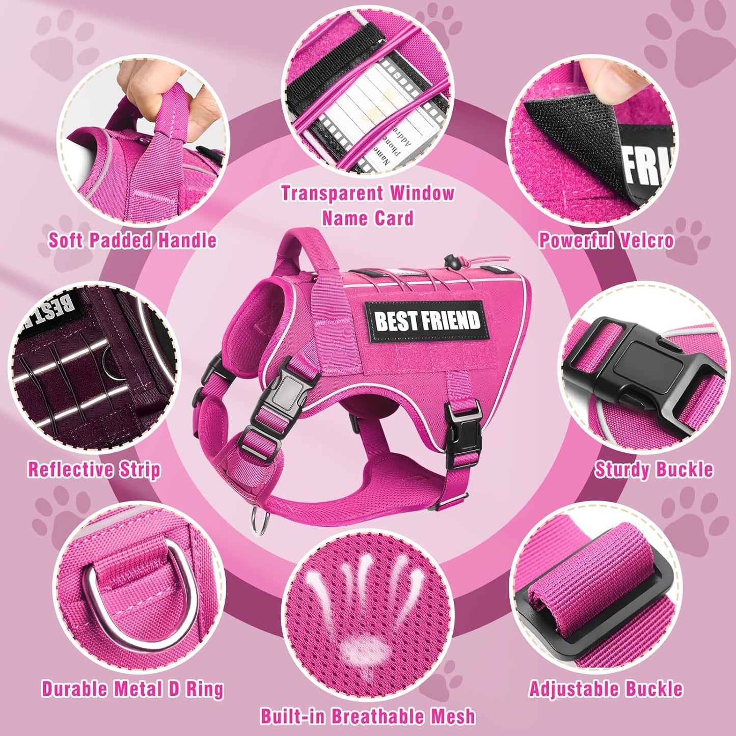 Tactical Dog Harness for Large Dogs,No Pull Military Dog Vest with Handle,Reflective Heavy Duty Pet Harness for Walking Hiking Training Pink L