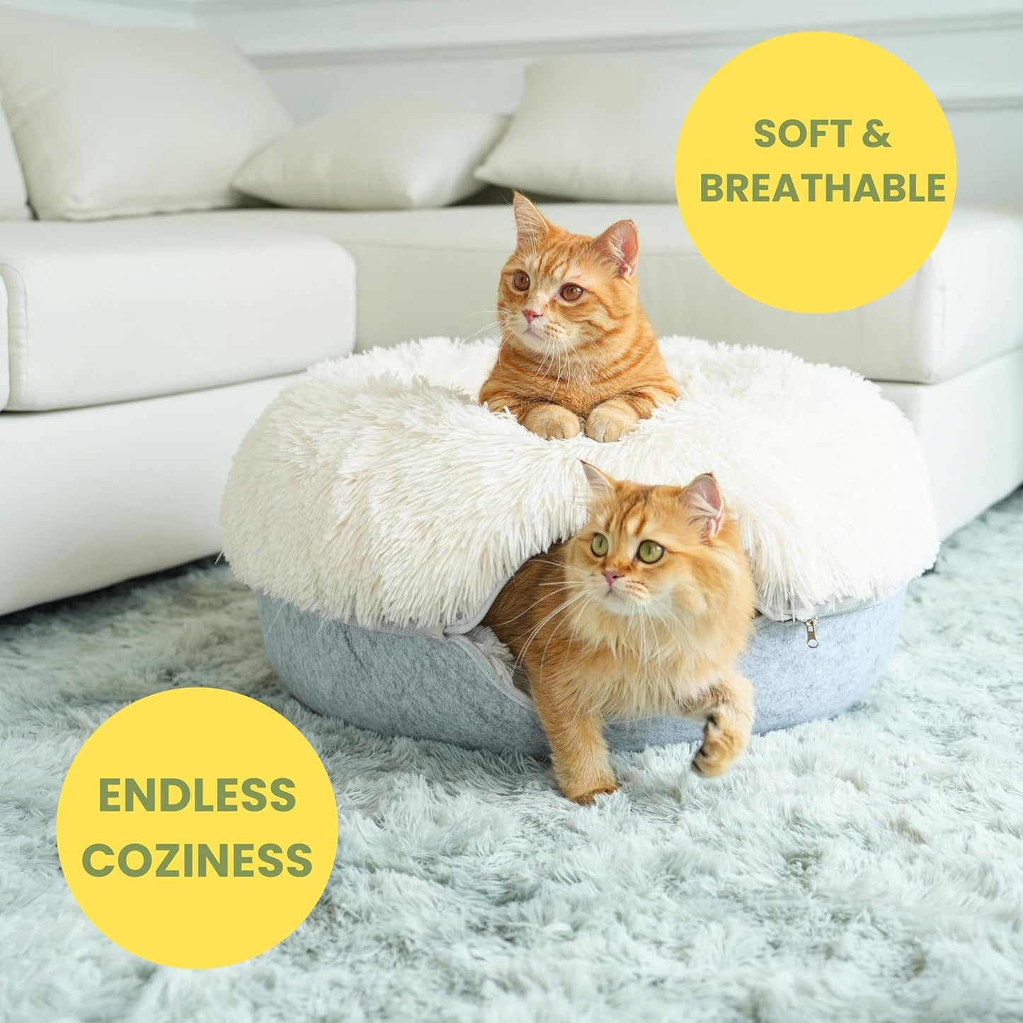 CATTASAURUS Peekaboo Cat Cave for Multiple & Large Cats Up to 30-45 Lbs, Fluffy Cat Beds for Indoor Cats, Scratch Detachable & Washable Tunnel Bed, Comfy Donut Cave (Light Gray, Large (Calming))