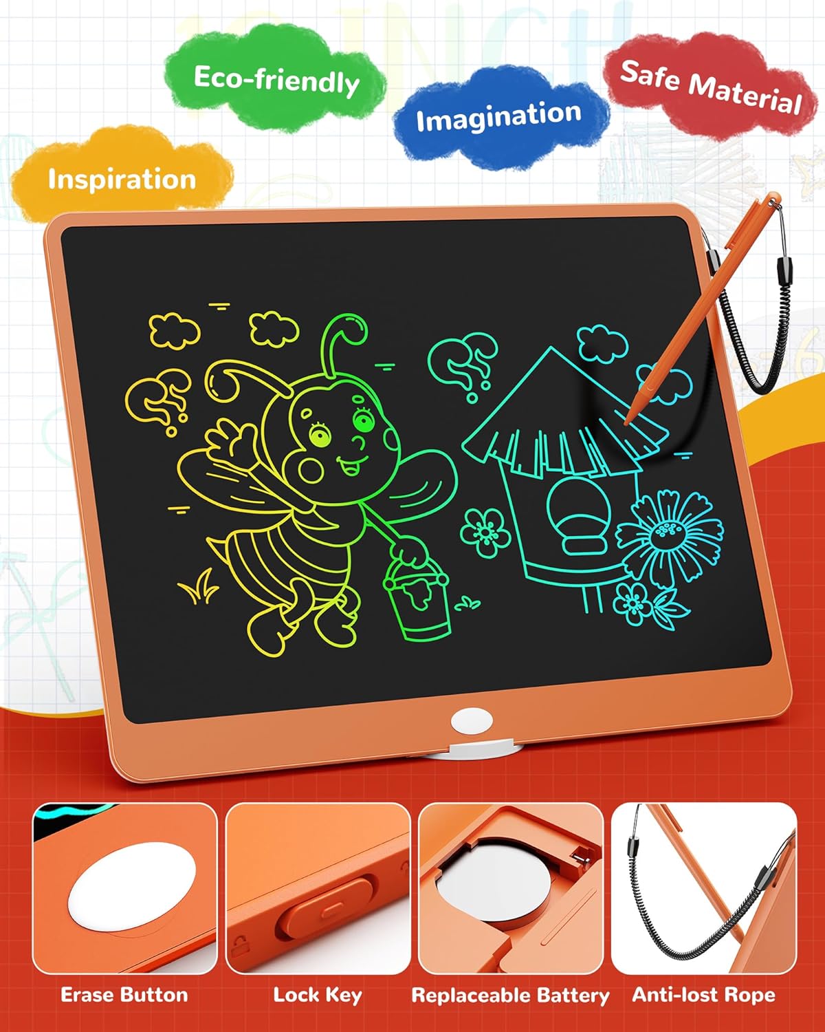 KOKODI LCD Writing Tablet, 16 Inch Colorful Toddler Doodle Board Drawing Tablet, Erasable Reusable Electronic Drawing Pads, Educational and Learning Toy for 3-6 Years Old Boy and Girls(Orange)