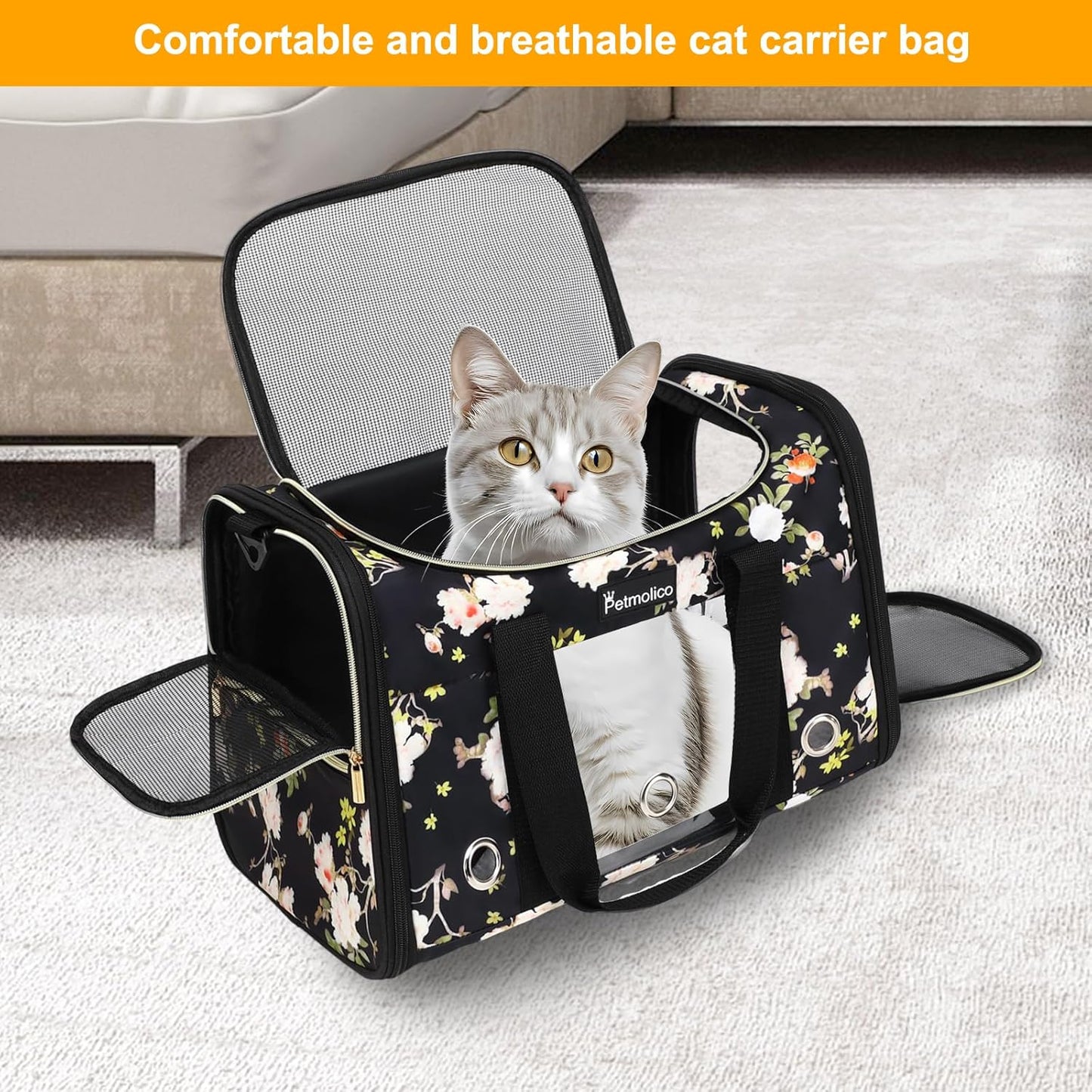 Petmolico Cat Carrier Soft-Sided Pet Bag for Small Medium Cats Puppies 16LBs - Airline Approved Pet Travel Carrier 3 Open Doors (Medium,Mixed Yellow)