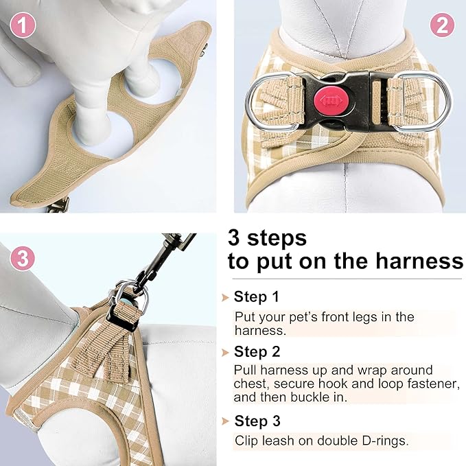 Dog Harness Step-in Breathable Puppy Cat Dog Vest Harnesses for Small Medium Dogs Beige Checkered