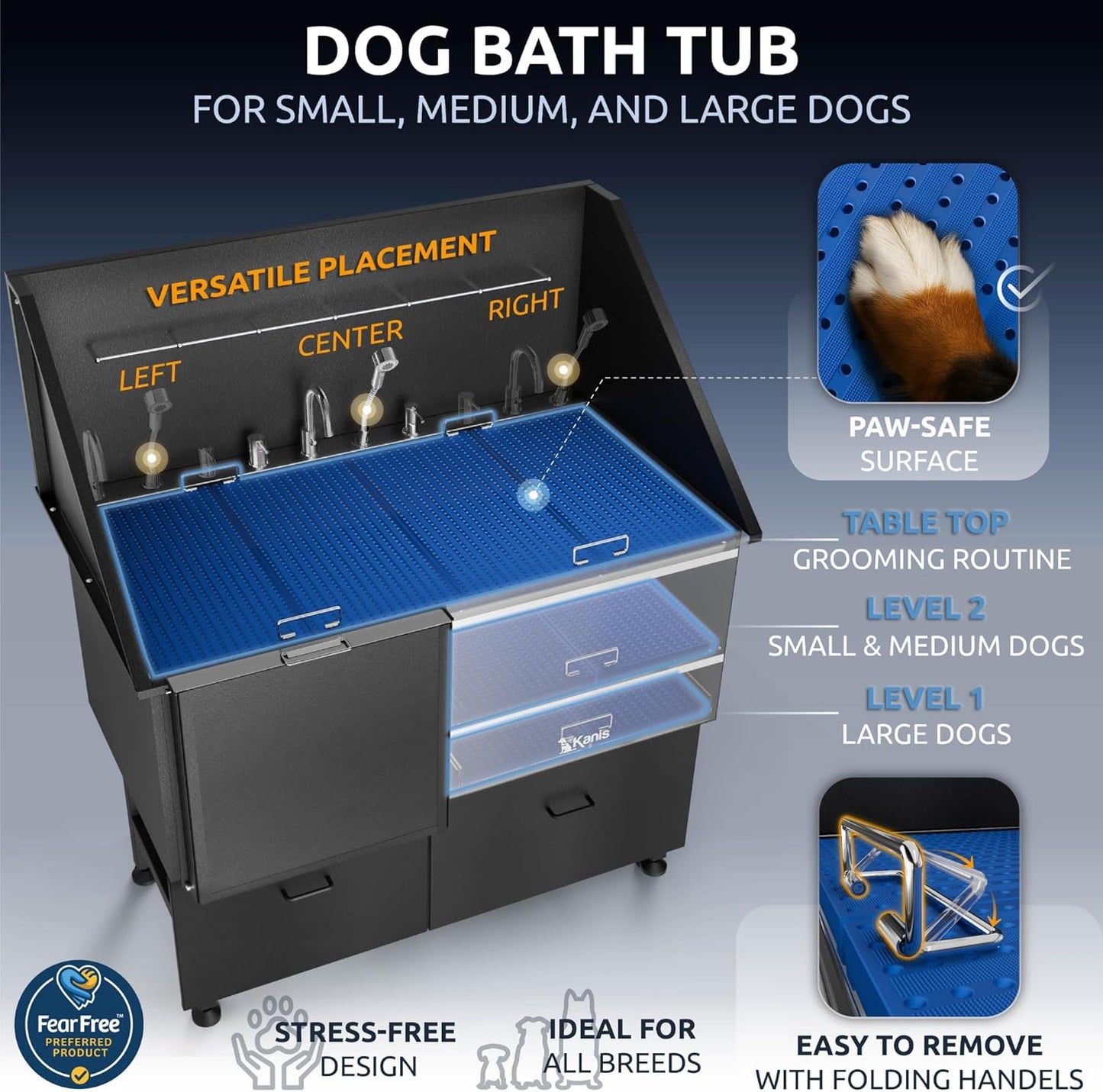 KANIS Black Line Professional Dog Washing Station - 304 Stainless Steel Pet Wash Sink & Grooming Bathtub w/Shower, Floor Grates and Storage for Large, Medium & Small Pets (50", 2 Drawers - Left Ramp)