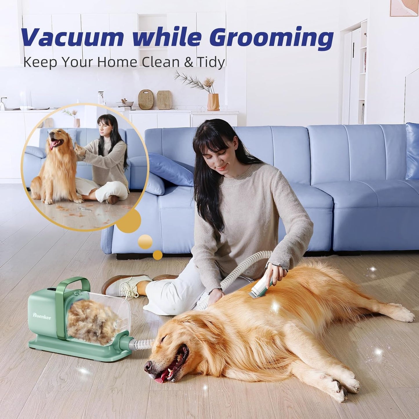 Dog Grooming Kit with Vacuum, All-in-One Pet Grooming Vacuum for Dogs and Cats, Low Noise Pet Hair Clipper & Shedding Brush, Dog Hair Remover, Cat Pet Groomer Set with Cleaning Brushes, Green