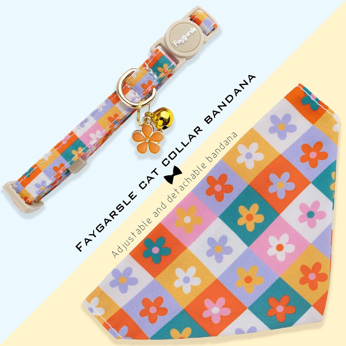 Faygarsle 2 Pack Floral Pattern Cat Collar Set with Bandana and Bow Tie, Breakaway Safety Buckle, Colorful Checkered Design
