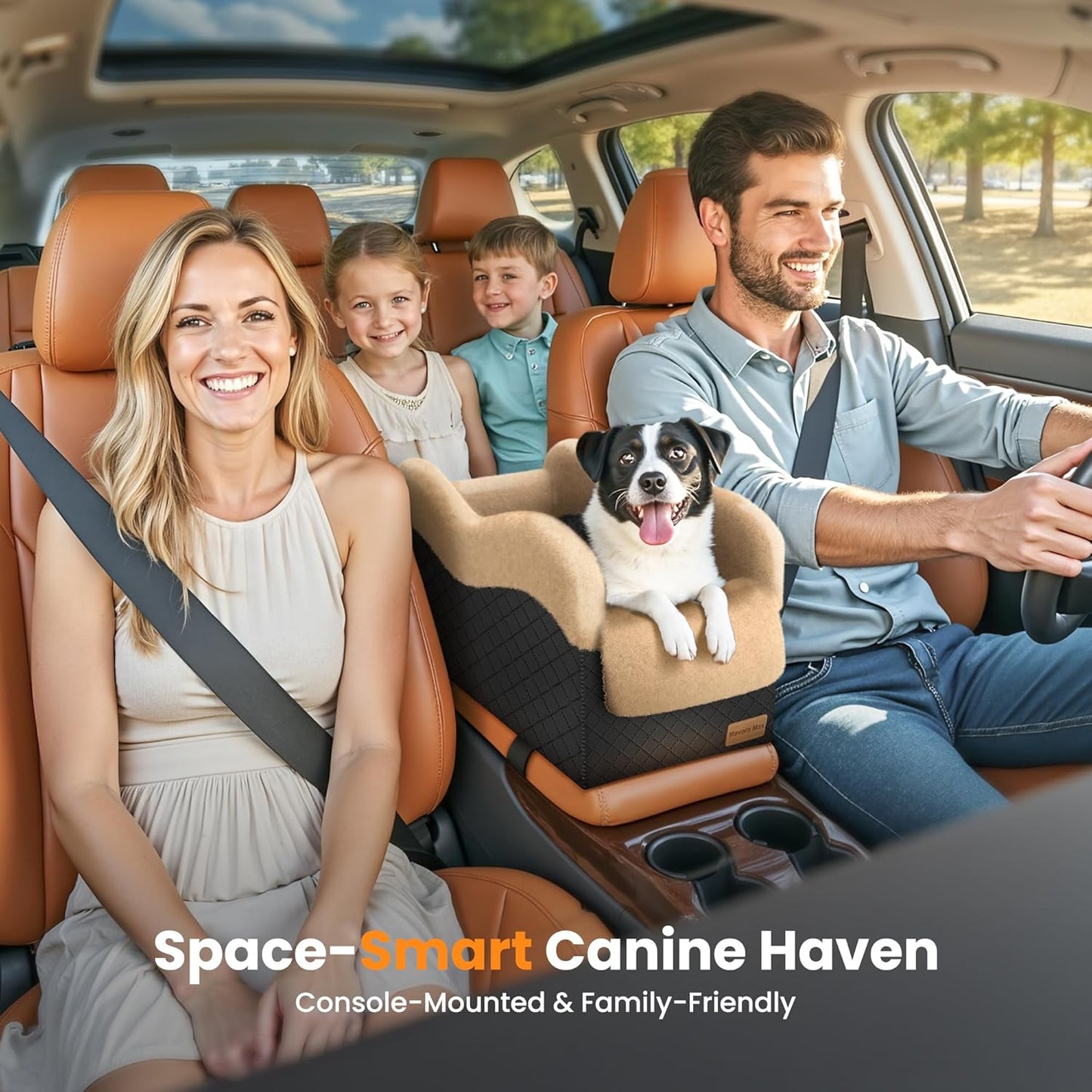 Portable Small Dog Seat for Car, Luxury Center Console Dog Car Seat Booster with Safety Tethers, Auti-Collapse Pet Travel Carseat for SUV, Truck (Black/Brown)