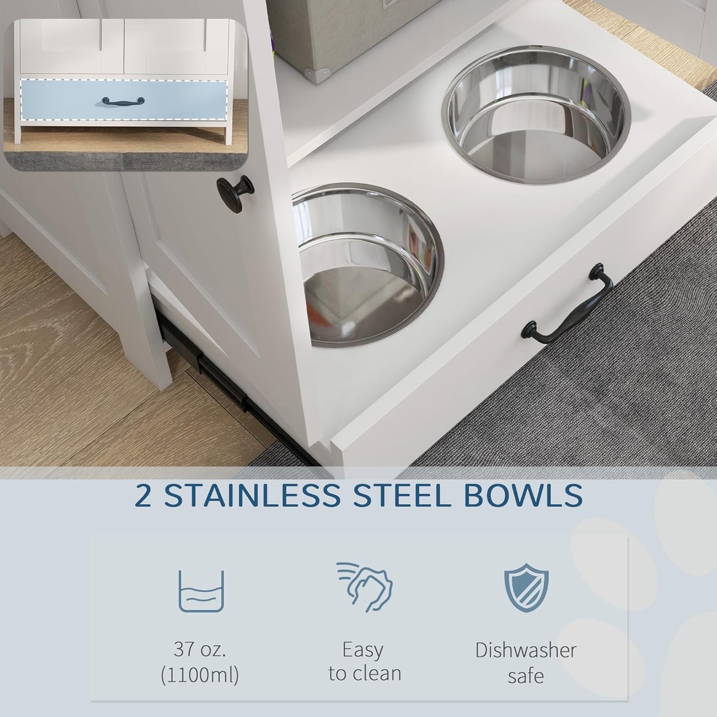 PawHut Pet Feeding Station, Elevated Dog Bowls, Dog Food Storage Cabinet with Hidden Bowls, Adjustable Panel, Hooks for Medium Sized Breed, White