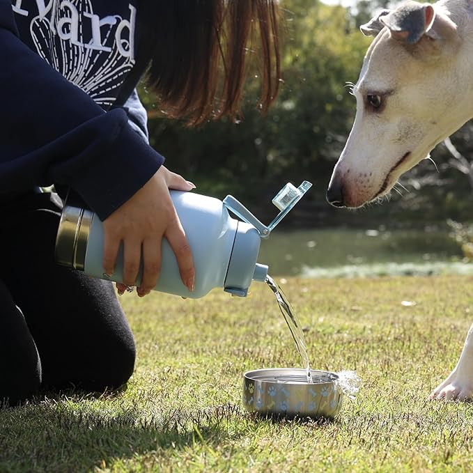 GiNT 37oz Insulated Stainless Steel Dog & Human Water Bottle, All-in-1 Travel Dispenser with Detachable Bowls & Carrying Case, Leak-Proof Pet Canteen for Walking, Hiking, Camping, Car (Blue)