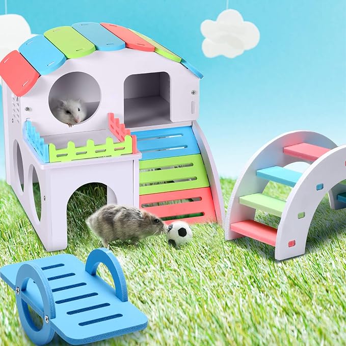 Skylety 3 Pieces Fun Hamster Toys Guinea Pig Hideout Include PVC Hamster House, Rainbow Bridge, Seesaw Toy DIY Exercise Play Toys for Rats Mouse Small Animals (Large, Rainbow Color)