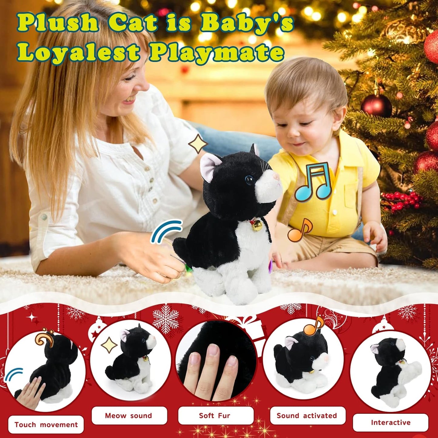 Plush Cat Stuffed Animal Interactive Robot Toy, LED Robotic Cat Barking Meow Kitten Touch Control, Electronic Cat Pet, Robot Kitty Toys, Animated Toy Cats for Girls Baby Kids