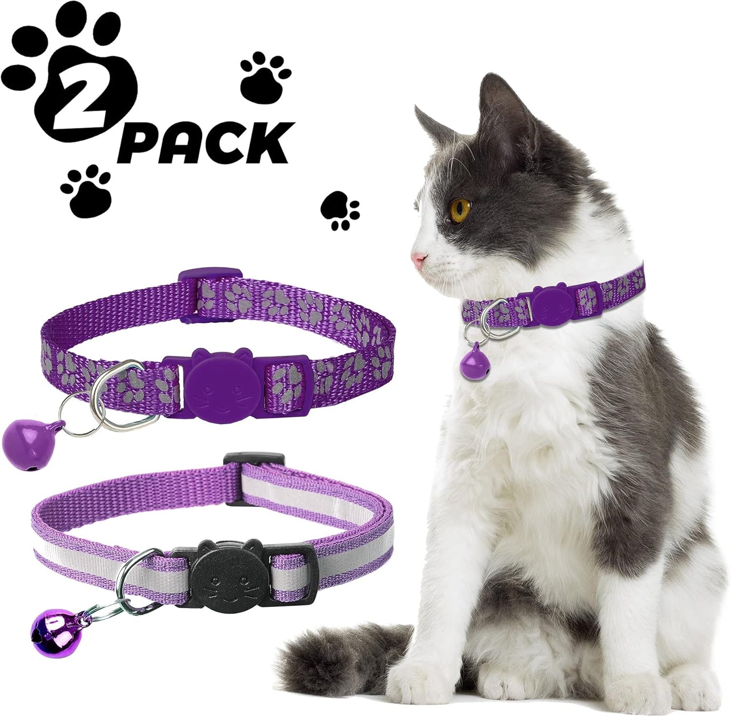 BANMODER 2 Pack Reflective Cat Collar Breakaway with Bell,Personalized Kitten Collars,Adjustable Safety Buckle Collar for Male Cats Girls & Boys (Purple)