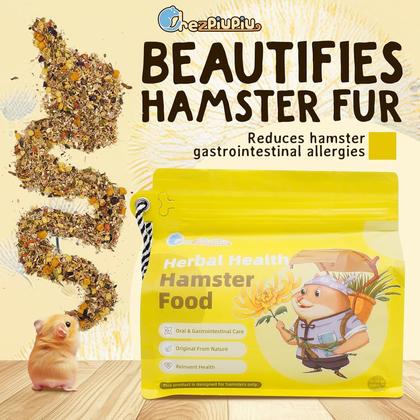 Dry Hamster Food Herbal Natural Flavor 16.23oz Portable Hamster Food Travel Pack for Outdoor Feeding Supports Oral and Digestive Health Relieves Inflammation