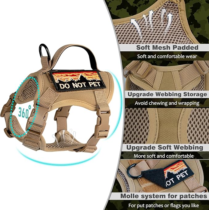 Tactical Cat Harness for Walking, Adjustable Escape Proof Pet Vest for Large Cat,Easy Control Breathable Cat Vest with Handle,Molle Patches (Khaki, L)