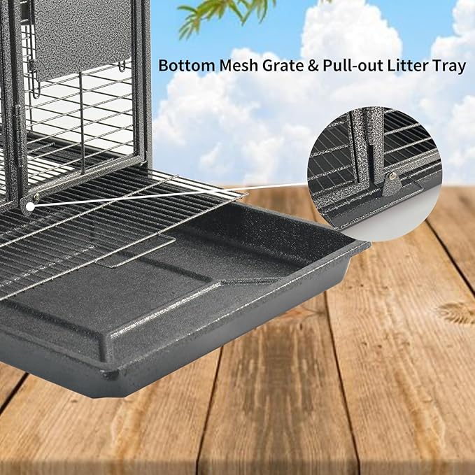 Portable Bird Travel Carrier Cage Black 19 Inch with Handle Wooden Perch,Parrot Travel cage Medium Birds for Cockatiels, Conures