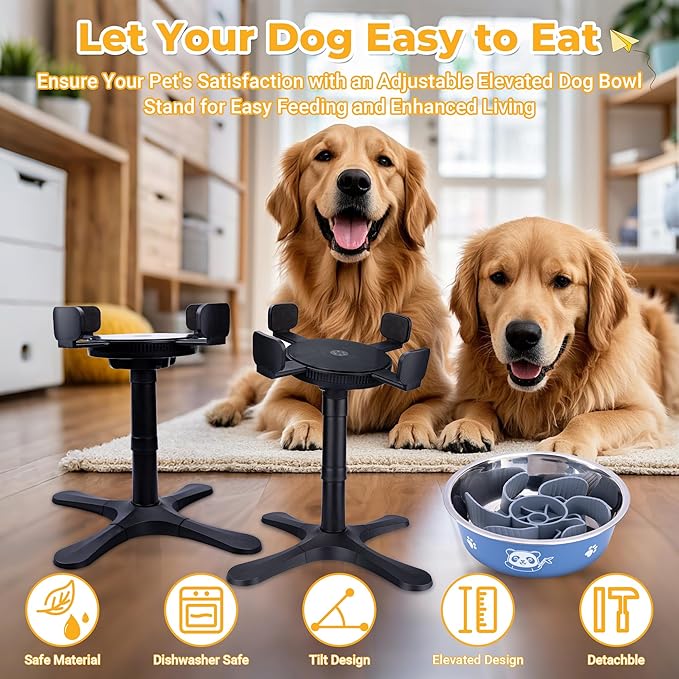 Elevated Slow Feeder Dog Bowl Adjustable Stand,Tilted ABS Base,Fits 5.5-9.5" Bowls, Anti-Spill & Non-Slip, Heavy Duty for Med/Large Dogs(with Stainless Steel Bowls 1 Pack)