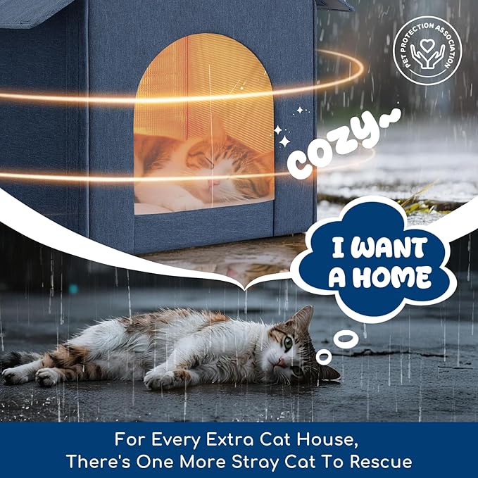 Insulated Outdoor Cat House Weatherproof, Winter Cat Houses for Outdoor Cats with Heated-Foil, Waterproof Feral Stray Cat Shelter with Warm Mat and Door Curtain, Easy to Assemble, Navy Blue