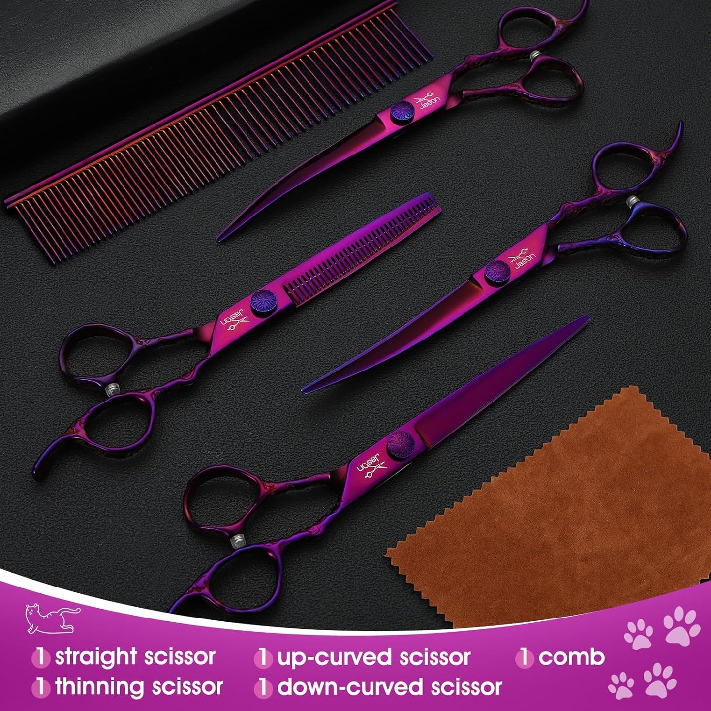 JASON Professional 6 in 1 Dog Shears Kit - 6.5" Thinning, 7" Straight, 7" Up-Curved, 7" Down-Curved Scissors and Comb for Cat, Pet with Adjustable Screw (Purple)