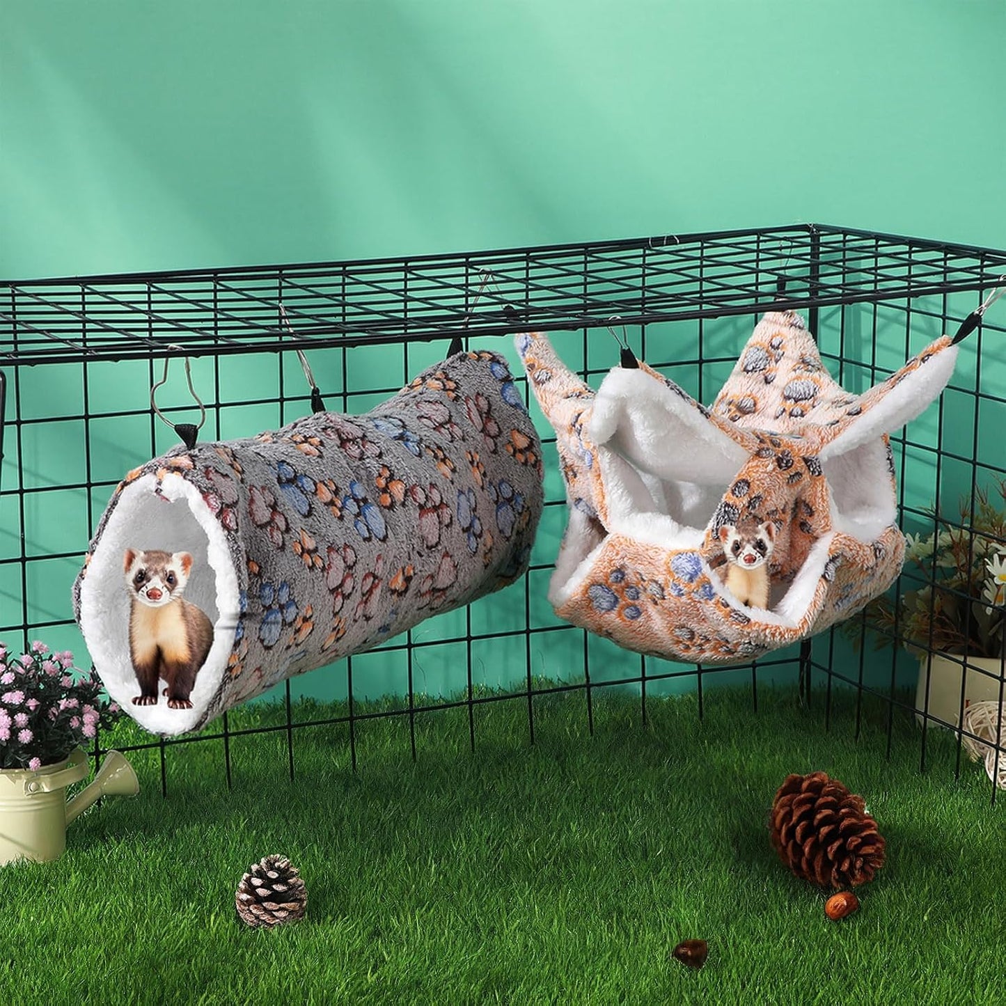 Sweetude 6 Pcs Rat Hammock Set Ferret Hanging Tunnel 3 Tier Guinea Pig Hammocks Hideout Soft Chinchilla Bed for Cage Accessories Hide,Play and Sleep(Cute,Paw)