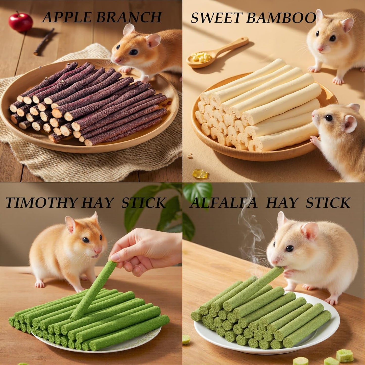 Rabbit Toys 142g/5.0oz Bunny Chew Treats Timothy Hay Sweet Bamboo Snack Guinea Pig Molar Branch Toy Apple Stick Alfalfa Food for Cleaning Teeth Grinding Dental for Hamster Squirrel Chinchilla