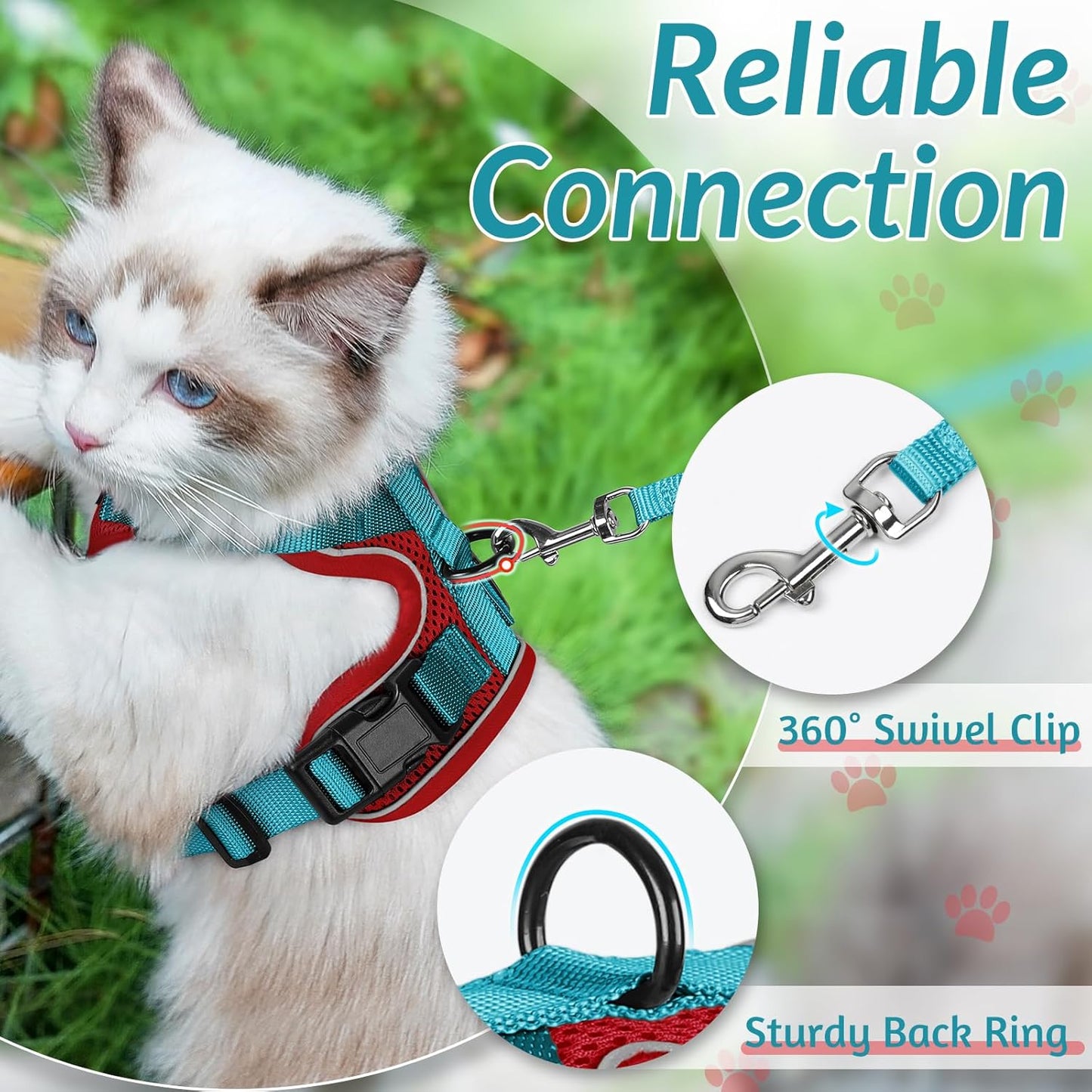 rabbitgoo Cat Harness and Leash for Walking, Escape Proof Soft Adjustable Vest Harnesses for Cats, Easy Control Breathable Reflective Strips Jacket, Red & Teal, XS