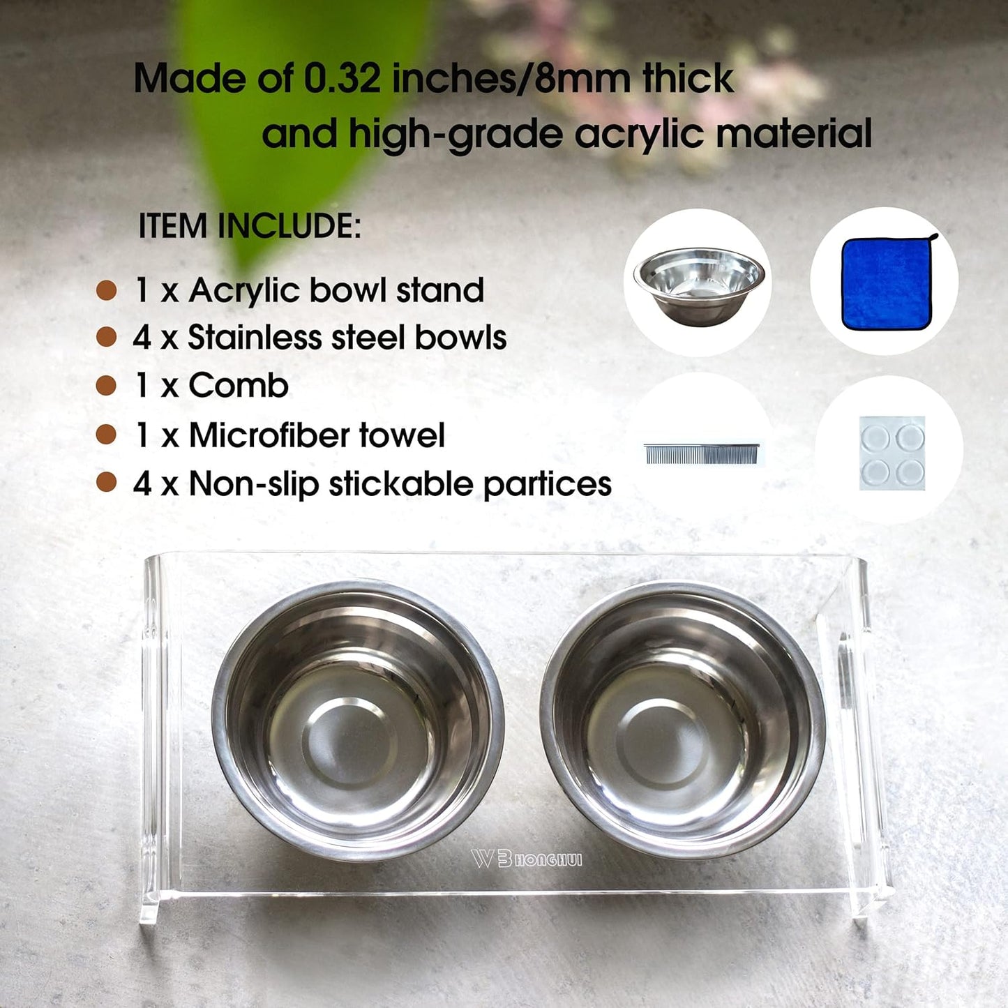 Tilted Raised Elevated Food and Water Bowls Stand for Cat or Small Dogs - Puppy's Clear Acrylic Stainless Steel Dishes Holder for Boy or Girl Pet,Modern,Durable and Easy to Clean by WBhonghui (Clear)