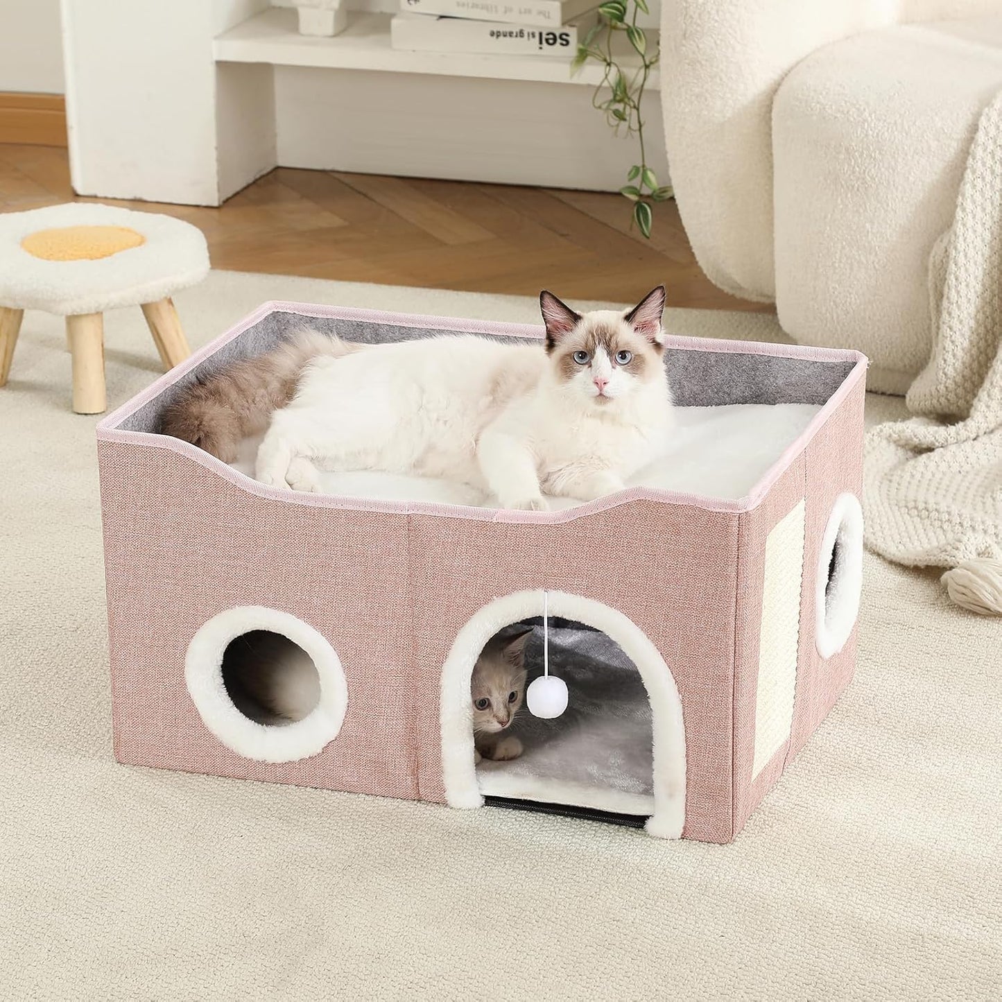 Large Cat Bed for Indoor Cats, Extra Wide Cat Cave House with Scratch Pad and Fluffy Ball, Foldable Cat Hideaway for Kitten Bed, Cat Condo for Cats (Pink, X-Large)