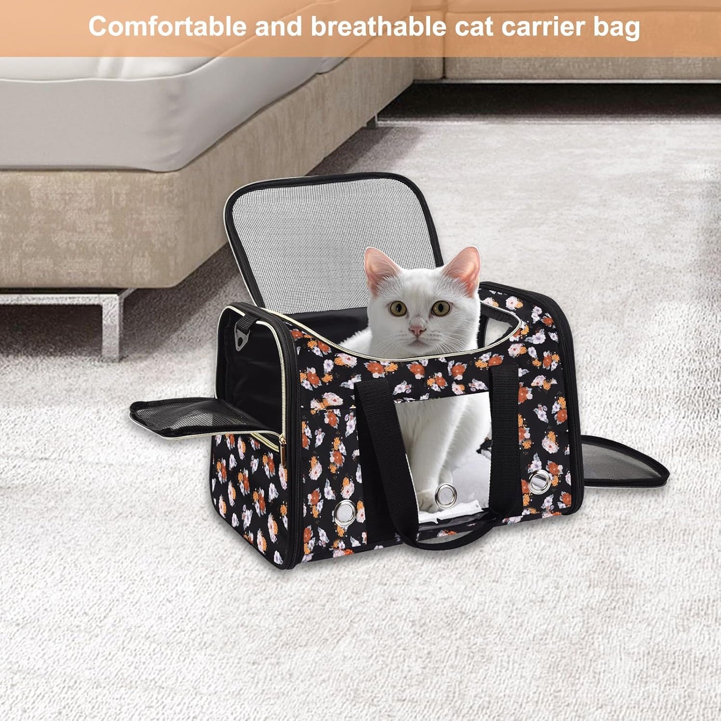 Petmolico Cat Carrier Dog Carrier, Airline Approved Soft Pet Travel Carrier with 3 Open Doors Mesh Windows for Cats Puppy 16 lbs(Large,Orange Flower)