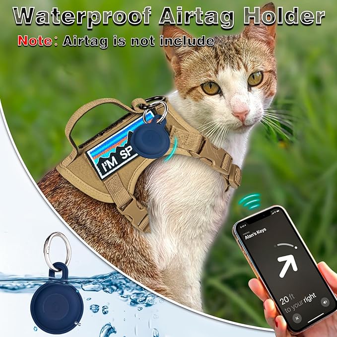 Tactical Cat Harness and Leash Set for Walking, Adjustable Escape Proof Pet Vest for Large Cat, Easy Control Breathable Vest with Handle,Molle Patches (Khaki+Leash, L)