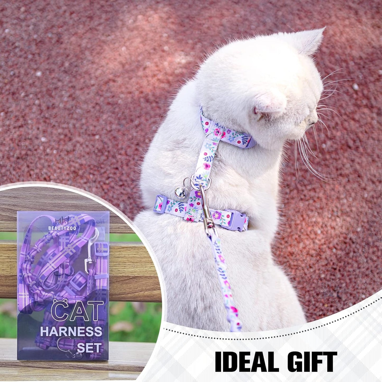 BEAUTYZOO Cat Harness and Leash Set Escape Proof for Walking, Kitten Soft Adjustable Vest Harnesses for Small Medium Large Cats, Easy Control Breathable Plaid Ribbon Nylon for Outdoor Indoor Use