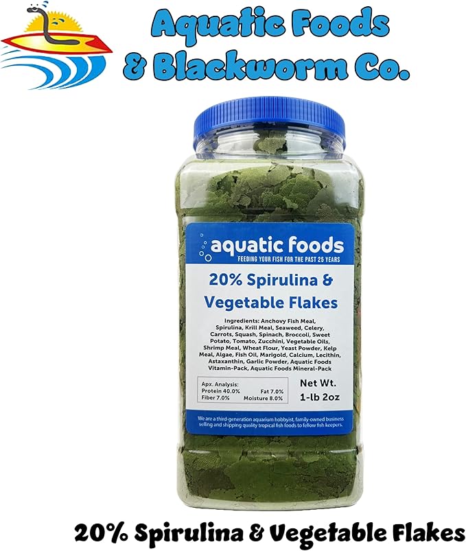 Aquatic Foods Inc. Premium Spirulina & Vegetable Flakes with 20% Spirulina for African Cichlids, Angle Fish, All Tropical Fish Also Pellet Mix, Wafer Mix Included…1-lb 2oz