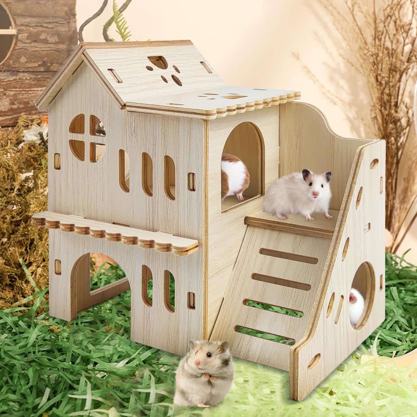 Hamster Hideout with Wooden House, Fun Slide, Double-Decker Hut & Maze - for Dwarf Hamsters, Gerbils, Mice, Small Animals