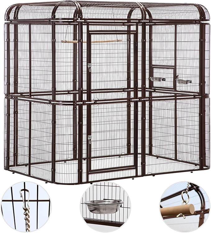 Large Walk-in Cage 87-inch Heavy Duty Bird Cage Outdoor Aviary Parrot Cage Wide Flight Metal Birdcage with Stand for Macaw Budgie Conure Lovebird Parakeet Cockatiel, 7.22x5.25x6.8ft, Brown