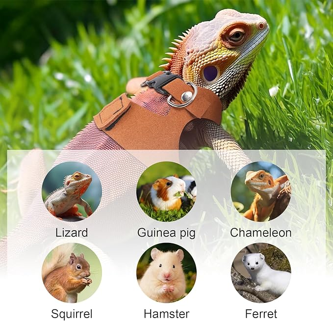 3 Sizes Leash for Bearded Dragon,Bearded Dragon Leash and Harness Set,Adjustable Soft Leather Lizard Harness for Reptile, Squirrel, Rat, Small Animal Walking Vest (Brown)