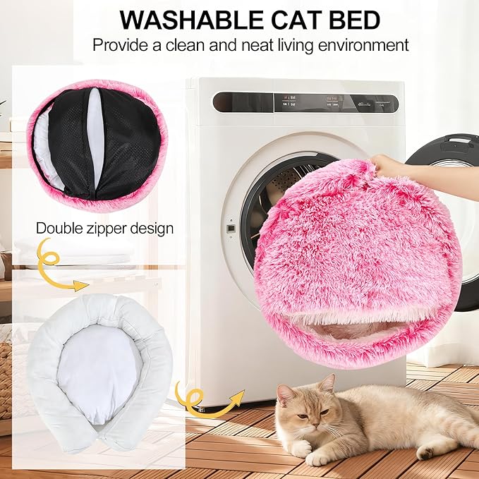 Calming Dog Beds & Cat Cave Bed with Hooded Cover,Removable Washable Round Beds for Small Medium Pets,Anti-Slip Faux Fur Fluffy Coved Bed for Improved Sleep,Fits up to 15/25 lbs(Pink,S)
