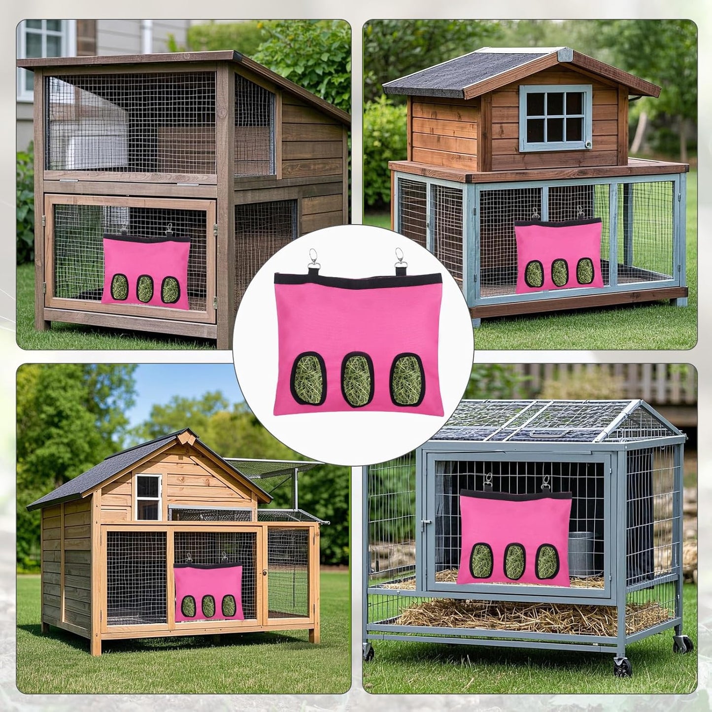 2 Pcs Rabbit Hay Feeder,Guinea Pig Hay Feeder,13×10.8 Inch Guinea Pig Bag,Small Animal Feeding Bag for Rabbits, Hamsters, Hedgehogs(3 Holes,Pink)