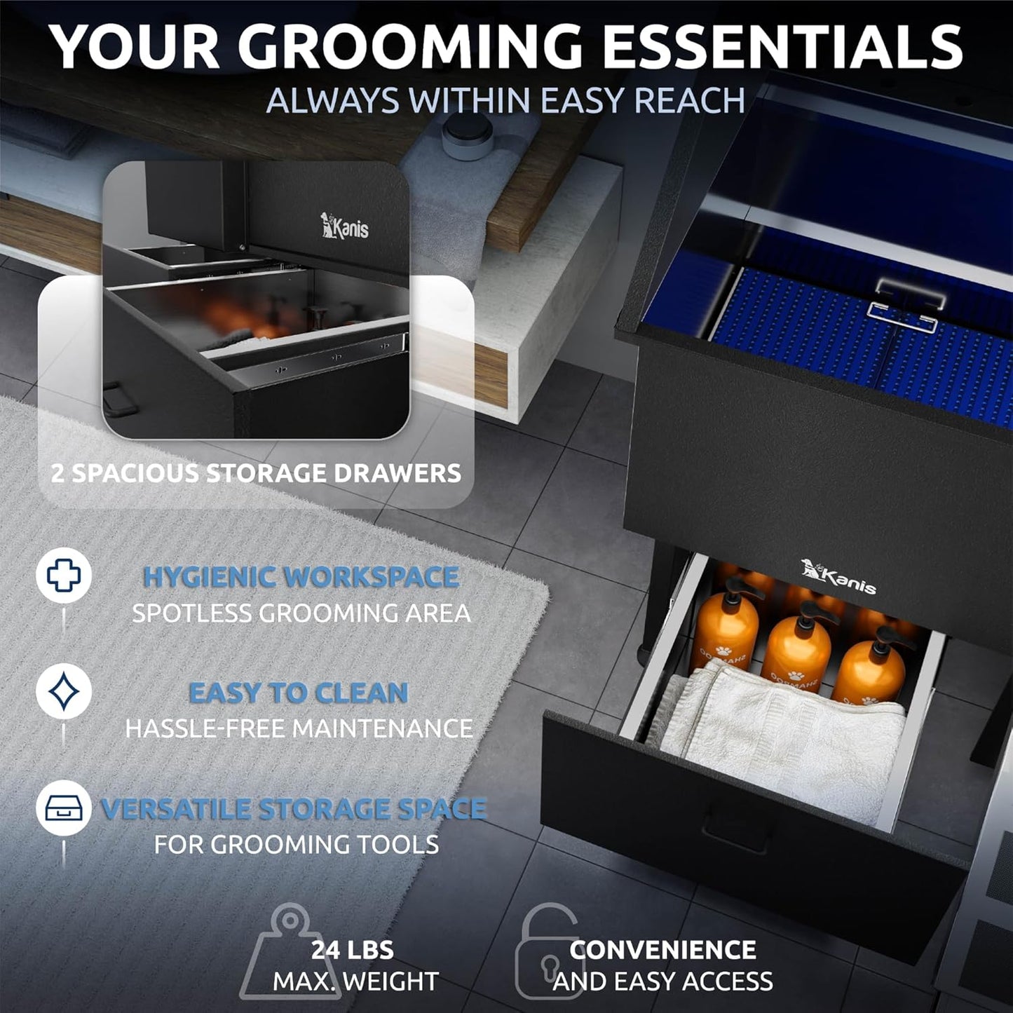 KANIS Black Line Professional Dog Washing Station - 304 Stainless Steel Pet Wash Sink & Grooming Bathtub w/Shower, Floor Grates and Storage for Large, Medium & Small Pets (50", 2 Drawers - Right Ramp)