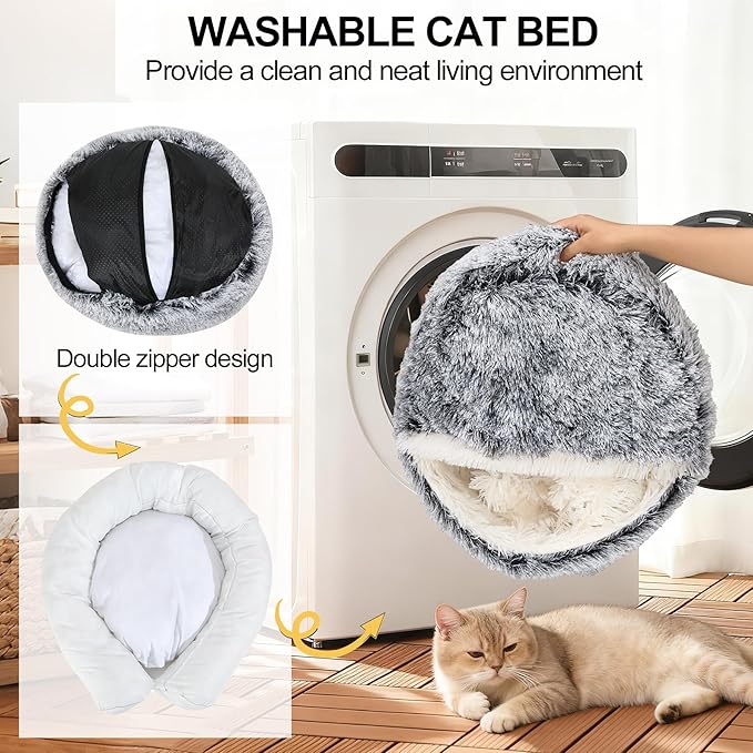 MADDEMCUTE Calming Dog & Cat Cave Bed With Hooded Cover, Removable Washable Round for Small Medium Pets, Anti-Slip Faux Fur Fluffy Coved for Improved Sleep, Fits up to 15/25 lbs (Grey, S)