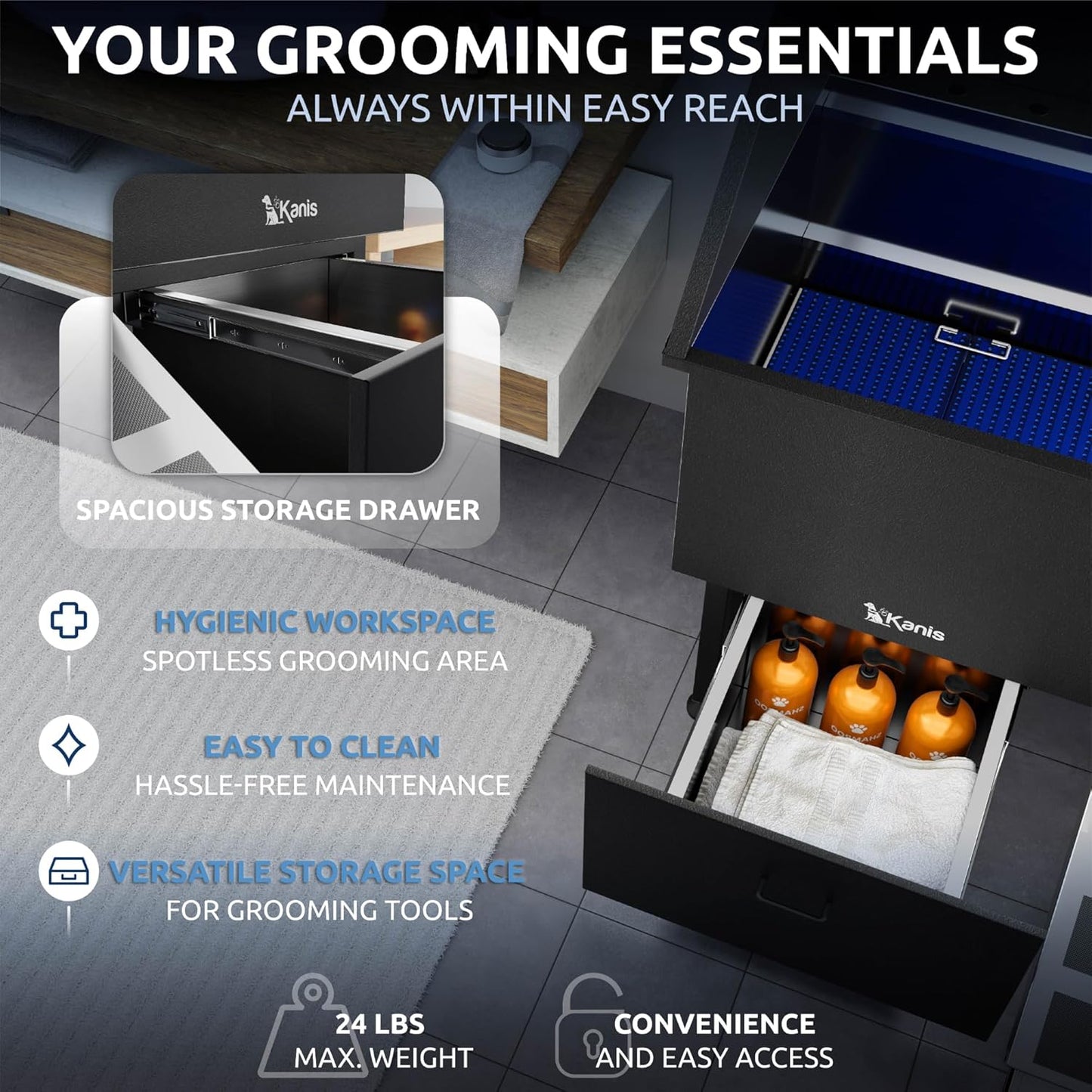 KANIS Black Line Professional Dog Washing Station - 304 Stainless Steel Pet Wash Sink & Grooming Bathtub w/Shower, Floor Grates and Storage for Large, Medium & Small Pets (50", 1 Drawer - Right Ramp)