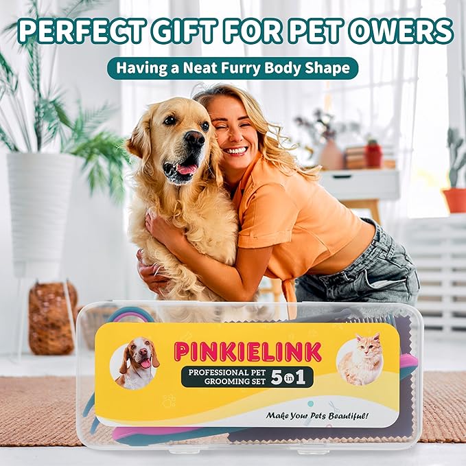 Professional 5 in 1 Pet Grooming Kit - Stainless Steel Dog & Cat Grooming Scissors with Rounded Tip Blades for Safe Fur Trimming, Thinning Shears, Straight Scissors, and Pet Comb (Green 5 in 1)