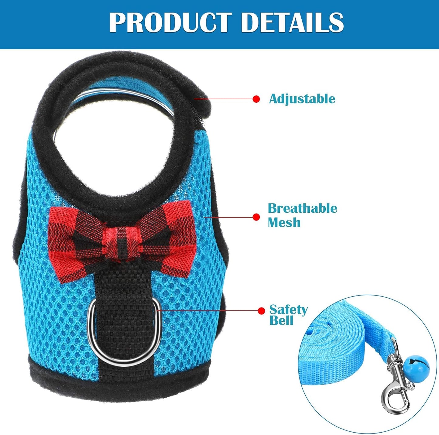 SATINIOR 2 Pieces Guinea Pig Bunny Harness Soft Mesh Hamster Rat Leash with Safe Bell, Ferret Pig Clothes and Leash Set for Hamster Ferrets Rats Bunny Guinea Chinchilla Teacup Chihuahua(S,Blue, Black)