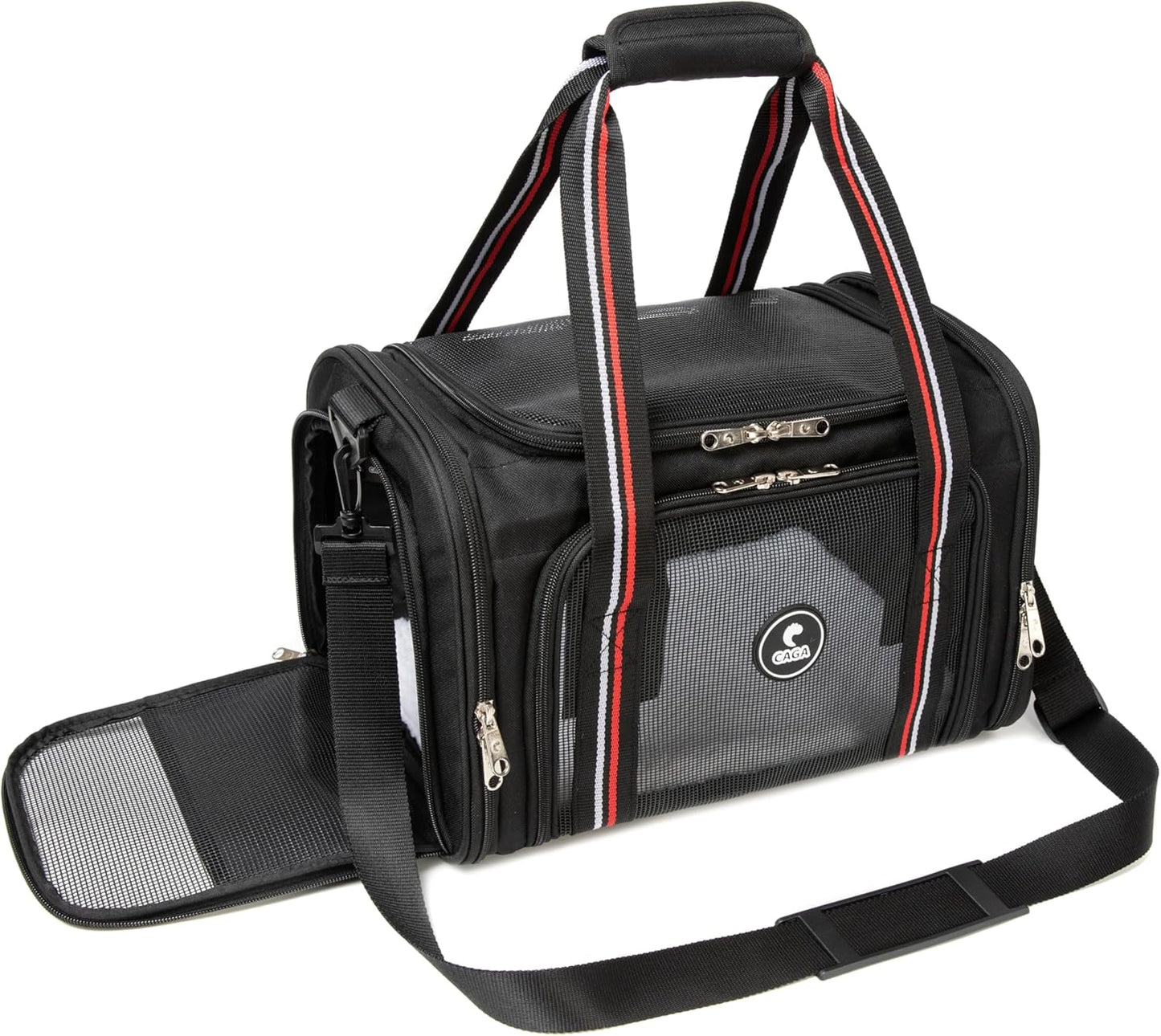 CAGA Soft-Sided Pet Carrier - Ventilated Foldable & Collapsible Under Seat Travel Kennel with Pockets for Small to Medium Dogs & Cats up to 15 lbs (Black)