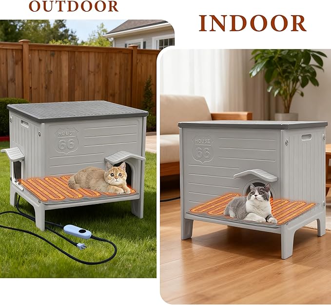 Heated Cat House for Outside Weatherpoof Plastic Cats Houses Outdoor with Escape Door Indoor Waterproof Feral/Pet Cat Shelter for Puppy, Rabbit(Grey)