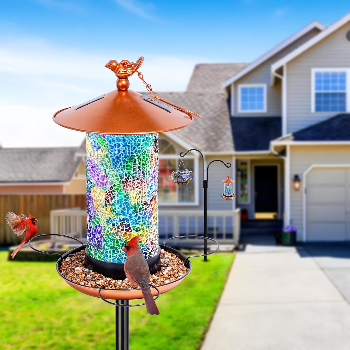 XDW-GIFTS Mosaic Solar Wild Bird Feeder with Pole Kit, Waterproof Lantern Design with Adjustable Heavy-Duty Bird Feeder Post for Outside, Garden- Unique Gifts for Mom,Women, Grandma,Bird Lovers