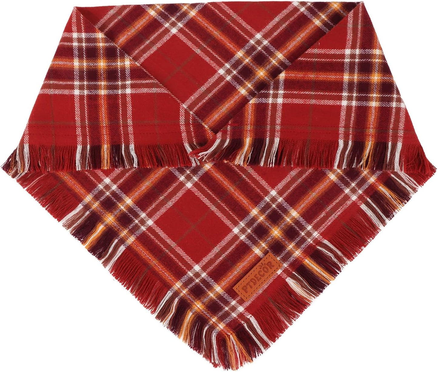 PTDECOR Fall Dog Bandanas with Tassels Edges, Orange and Brown Plaid Scarf Bib, Halloween Thanksgiving Autumn Pet Bandana, Reversible Triangle Bandanas for Small Dogs Puppies Cats(Small)