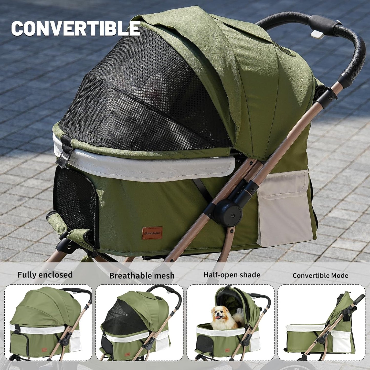 EchoSmile Small Medium Dogs Stroller 4-Wheel Pet Strollers for Medium Dogs Up to 50lbs, One Click Folding Large Cat Stroller, Reversible Handle, Shock Absorbing Wheels, Removable Washable Pad, Green