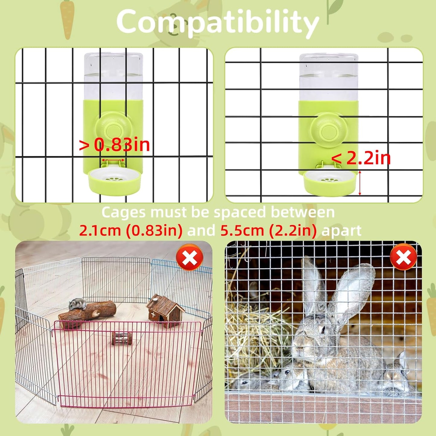 Rypet Hanging Rabbit Water Bottle Cage, 21oz Guinea Pig Water Bottle Dispenser, Automatic Small Pet Cage Water Feeder for Bunny Chinchilla Hamster Hedgehog Ferret Rat Gerbil Small Animal (Green)